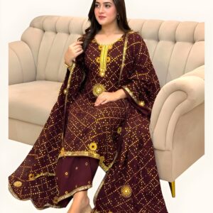 Unstitched 3 Piece Handmade Chunri Suit with Goti & Mirror Work