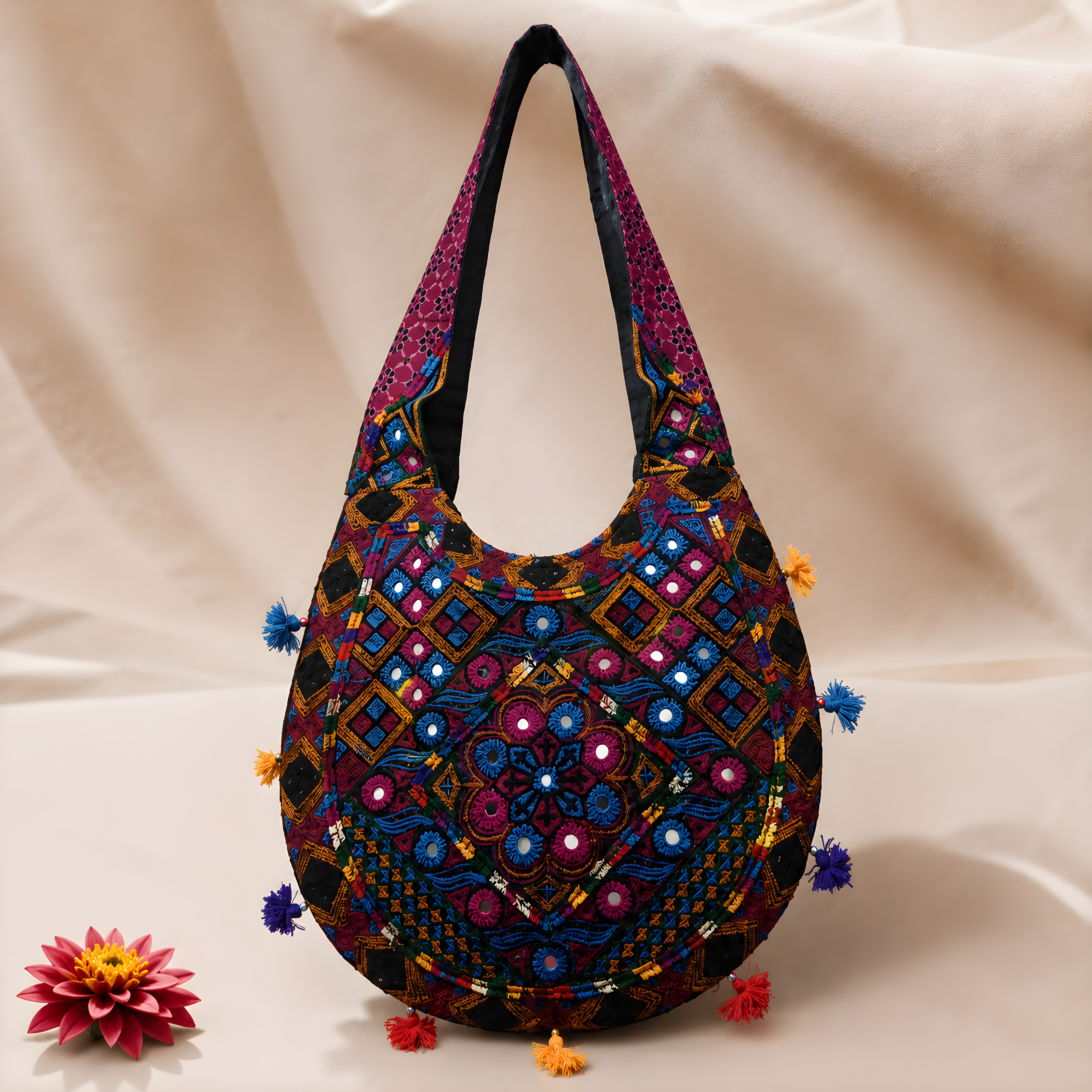 Handmade Block Print Mirror Work Embroidered Shoulder Bag